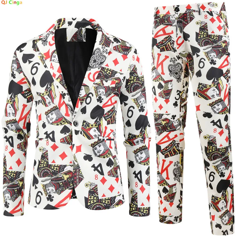 얇은 남성 정장 투피스, 포커 패턴 프린트 장식 재킷과 바지, 패션 캐주얼 남성 세트