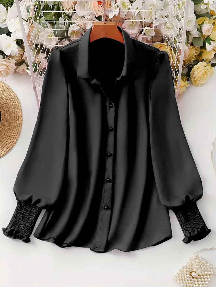 플러스 사이즈 2025 봄, 여름 새로운 여성 캐주얼 퍼프 슬리브 블라우스 솔리드 컬러 사무실 야외 싱글 브레스트에 적합