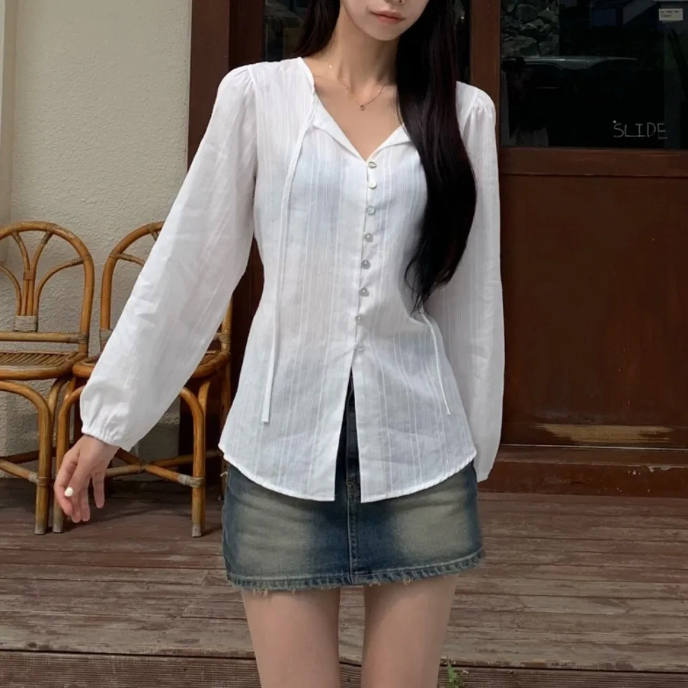 여성 슬림핏 긴팔 셔츠 중간 길이 단추 장식 우아하고 세련된 캐주얼 비즈니스 오피스웨어 가을 시즌