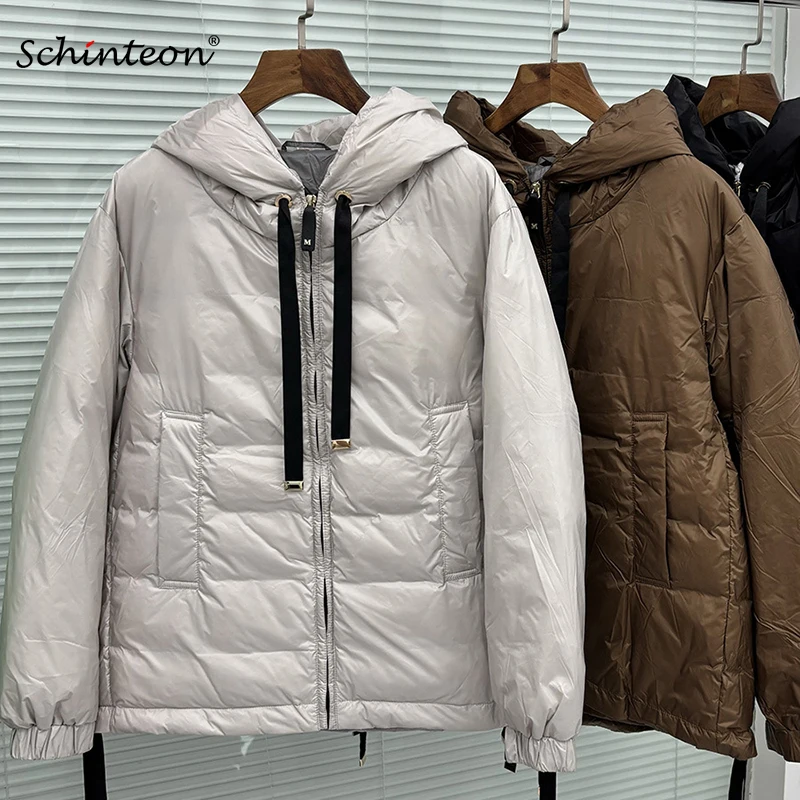 Schinteon 여성용 90% 화이트 오리 다운 재킷 캐주얼 루즈 오버 사이즈 가을 겨울 아웃웨어 후드 최고 품질 코트 2025 신규