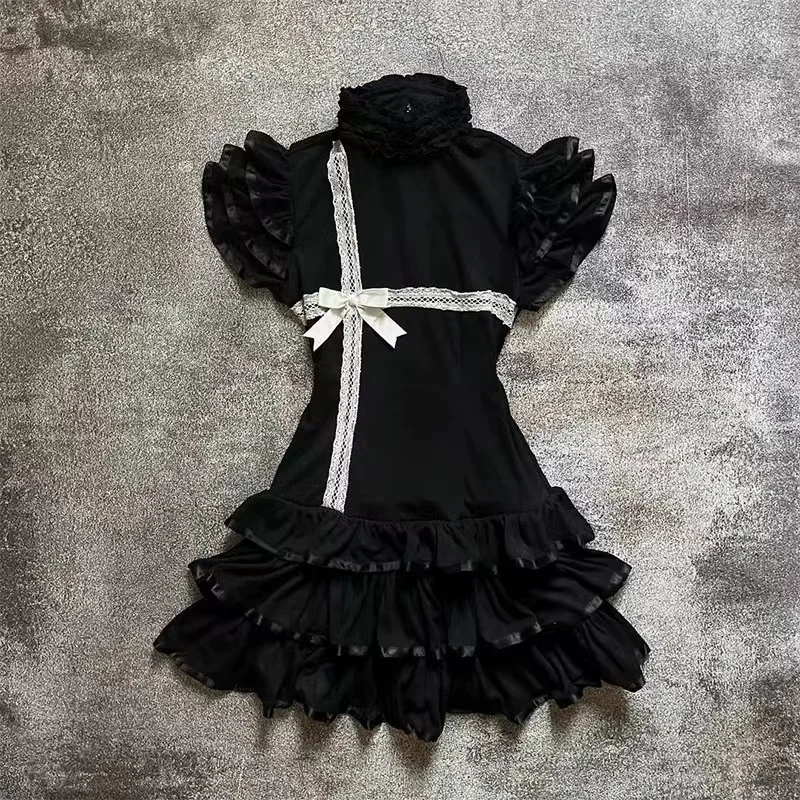 일본 E-girl 고딕 빈티지 드레스 여성 하프 하이 넥 짧은 소매 보우 레이스 미니 드레스 신치 허리 달콤한 매운 블랙 드레스