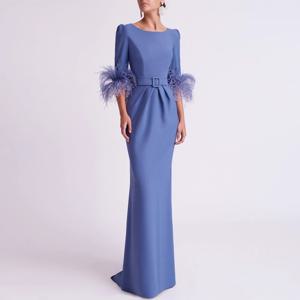 맞춤형 웨딩 드레스 신부 어머니 저지 칼집/기둥 이브닝 드레스 블루 오-넥 플리츠 벨트 깃털 댄스 파티 드레스 긴