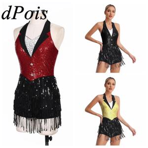 Womens Jazz Fringed Jumpsuit Sparkly Sequins 차차 라틴 댄스 의상 홀터넥 백리스 룸바 탱고 술 레오타드 댄스웨어