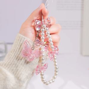 핑크 나비 진주 활 전화 체인 휴대 전화 케이스에 대 한 안티-분실 팔찌 손목 스트랩 매는 밧줄 전화 키 체인 휴대용 체인