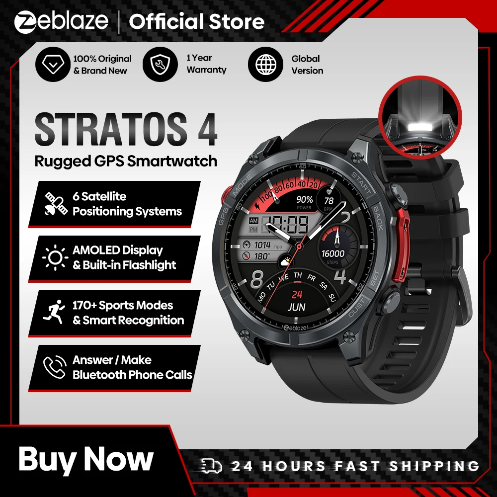 새로운 Zeblaze Stratos 4 GPS 스마트 시계 1.43 AMOLED 디스플레이 내장 나침반 기압 고도계 손전등 음성 통화 Smartwatch