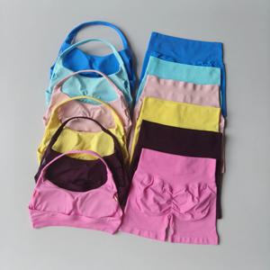 2피스 피치 하이웨이스트 벨리 힙업 스포츠 브라 숏츠 세트, 충격 방지 넥 홀터 요가복 러닝 피트니스 세트