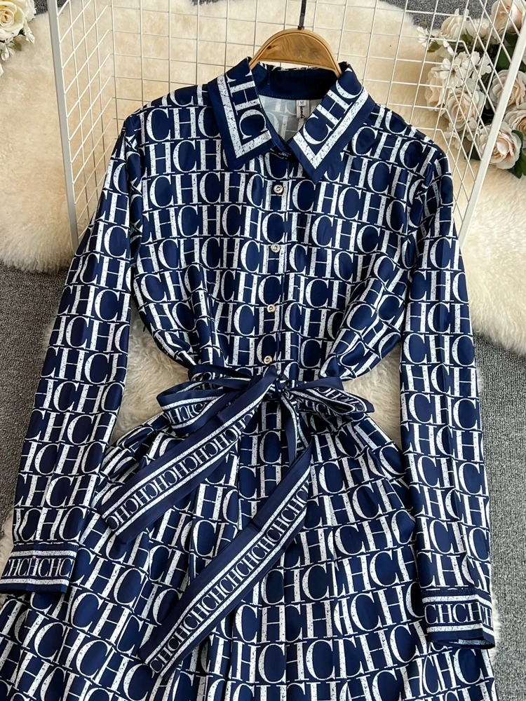 봄 가을 한국 스타일 긴팔 턴다운 칼라 슬리밍 A라인 프린트 셔츠 드레스 하이 웨이스트 젊은 여성을 위한 멋진 드레스