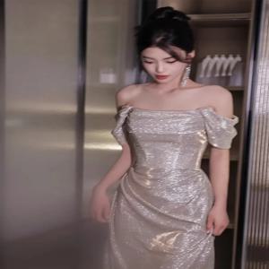 원숄더 스팽글 이브닝 드레스 여성용 고급 실버 생일 성인식 예술 시험 축하 신부 아침 가운