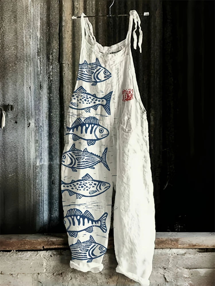 레트로 숙녀 물고기 인쇄 패션 서스펜더 점프 슈트 여름 야외 바닥 레저 서스펜더 바지 캐주얼 루즈 바지