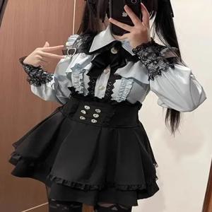 다크 아카데미아 스윗 하트 인터뷰 JK 유니폼 투피스 세트 봄 가을 일본식 하프 스커트 앙상블 어깨 노출 셔츠