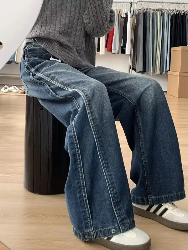 플러스 사이즈 아메리칸 레트로 워시드 와이드 레그 진 여성용 봄 가을 루즈 스트레이트 슬림핏 바닥 길이 바지