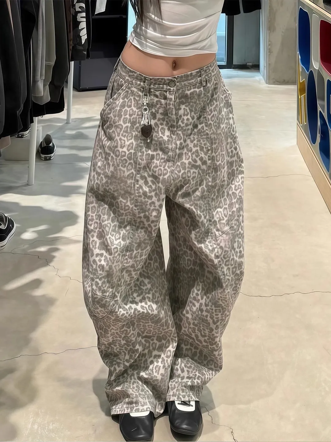 레트로 아메리칸 레오파드 프린트 와이드 레그 진 여성용 초가을 루즈핏 캐주얼 하이웨이스트 지퍼 클로저 청바지