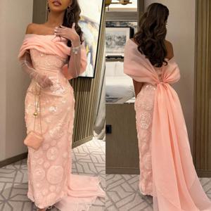 맞춤형 정교한 패션 오간자 스팽글 장식 주름 스트레이트 오프 숄더 롱 드레스 맞춤형 행사 드레스 절묘한