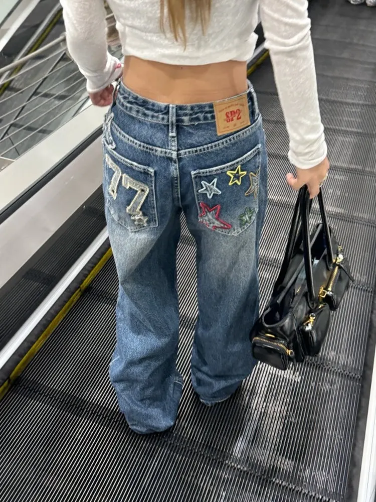 레트로 아메리칸 스타 자수 스트레이트 레그 청바지 남성용 루즈 슬리밍 플레어 바닥 길이 캐주얼 블루 데님 바지