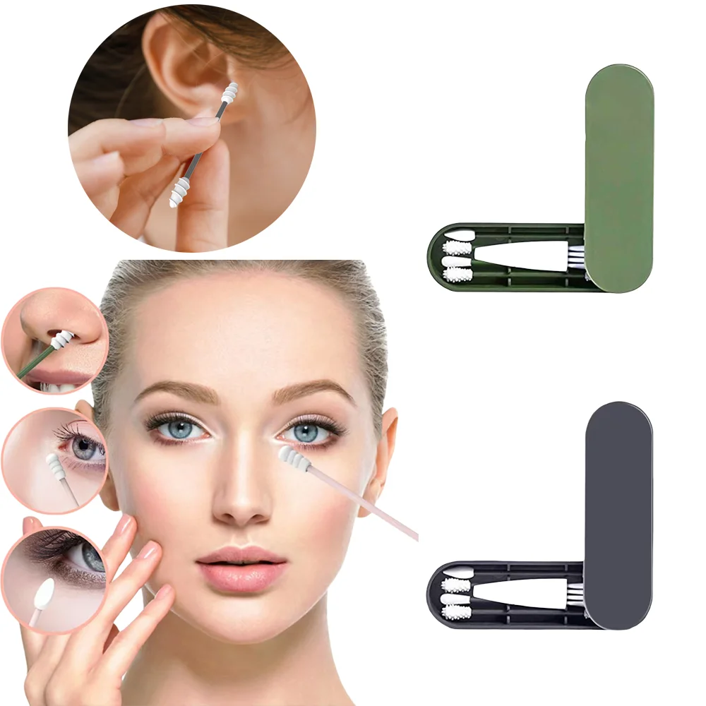 2개입 실리콘 재사용 가능한 면봉 귀이개 키트 박스 포함 휴대용 양면 부드러운 메이크업 면봉 귀 청소 세트