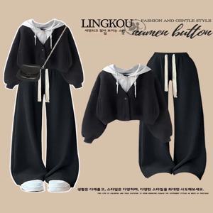 가을 대학 스타일 여성 투피스 세트 후드 재킷 하이웨이스트 와이드 레그 캐주얼 팬츠 슬림 효과 패션 세트