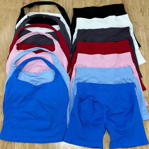 2피스 여성용 짐 세트 백리스 탱크탑 하이웨이스트 스크런치 심리스 쇼츠 피트니스 의류 액티브웨어 운동복 세트 짐 슈트