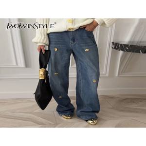 TWOTWINSTYLE 루즈 스플라이스 메탈 장식 다용도 여성용 청바지 하이웨이스트 캐주얼 와이드 레그 진 여성 패션 의류 신상품