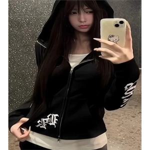 미국 레트로 프린트 후드티 여성 봄 가을 2025 신상 슬림 스윗 앤 스파이시 걸 오픈 가디건 숏 트렌디 브랜드 탑