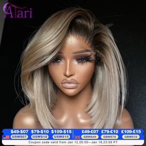 갈색 뿌리가 있는 애쉬 블론드 숏 밥 가발 투명 13x4 풀 레이스 프론탈 인모 스트레이트 밥 가발 여성용 프리 플러킹