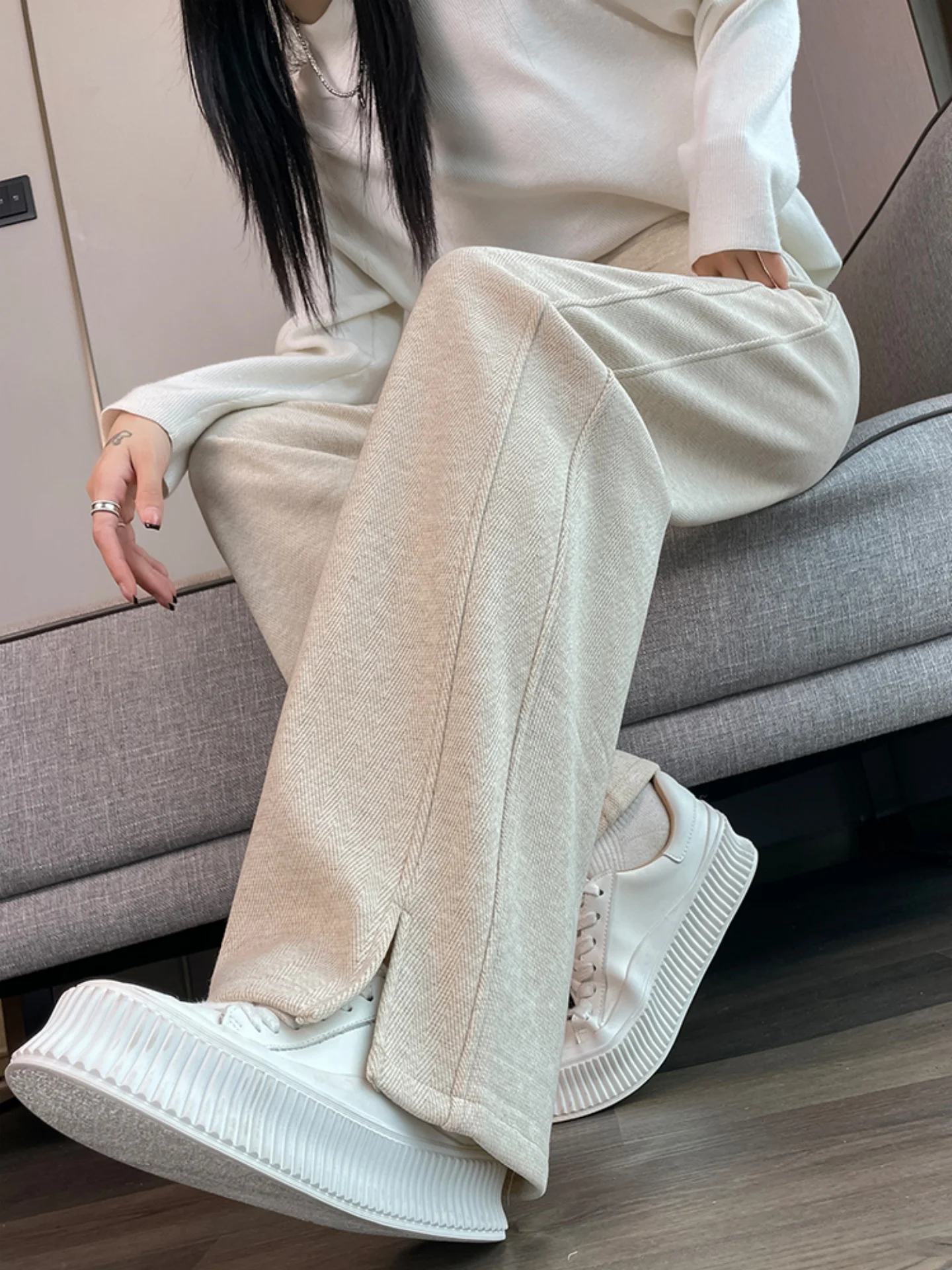 두꺼운 플리스 와이드 레그 팬츠 여성용 가을 겨울 하이웨이스트 스트레이트 캐주얼 바지 바나나 팬츠 루즈핏 편안함