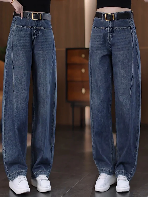 레트로 블루 데님 나이프 팬츠 여성용 하이웨이스트 슬림 와이드 레그 트라우저 롱 캐주얼 청바지 가을 신상 내구성 좋은
