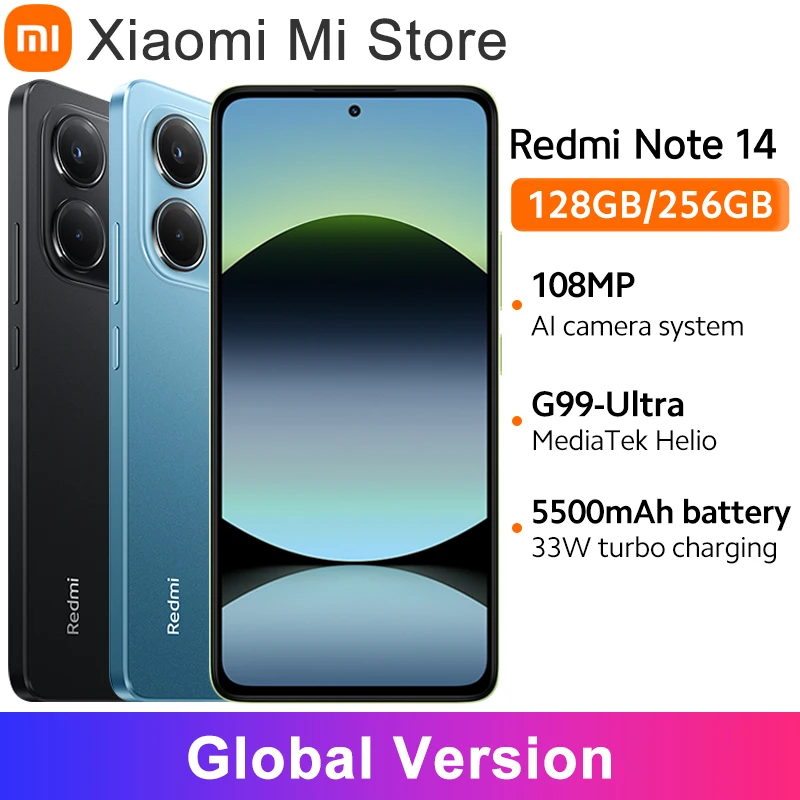 【브랜드+】글로벌 버전 샤오미 레드미 노트 14 미디어텍 헬리오 G99-울트라 108MP AI 5500mAh 6.67인치 AMOLED 120Hz 디스플레이