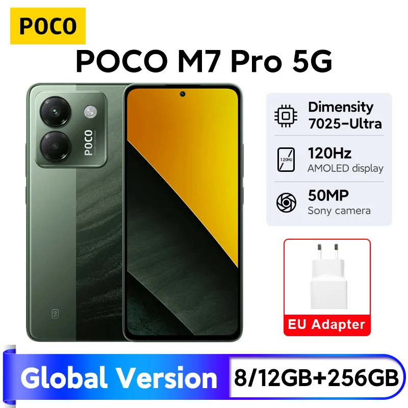 【브랜드+】최신 POCO M7 Pro 5G 글로벌 버전 디멘시티 7025-울트라 120Hz FHD+ 아이케어 AMOLED 디스플레이 5110mAh 배터리 NFC