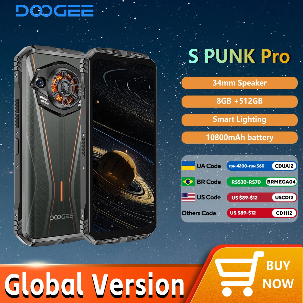 【브랜드+】글로벌 버전 DOOGEE S Punk Pro 러기드 폰 LED 라이트 효과 8GB RAM 512GB ROM 6.6인치 FHD+ 90Hz 10800mAh 배터리 NFC