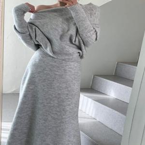 세련되고 시크한 니트 롱 드레스, 여성용 어깨 노출 투피스 세트, 우아하고 고급스러운 겨울 의류, 성인 사이즈, 원숄더
