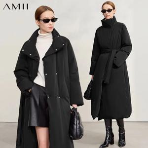 아미 다운 코트 2025 겨울 신상 솔리드 컬러 루즈 롱 여성 아우터웨어 벨트 포함 하이넥 두꺼운 따뜻한 다운 재킷 12544184