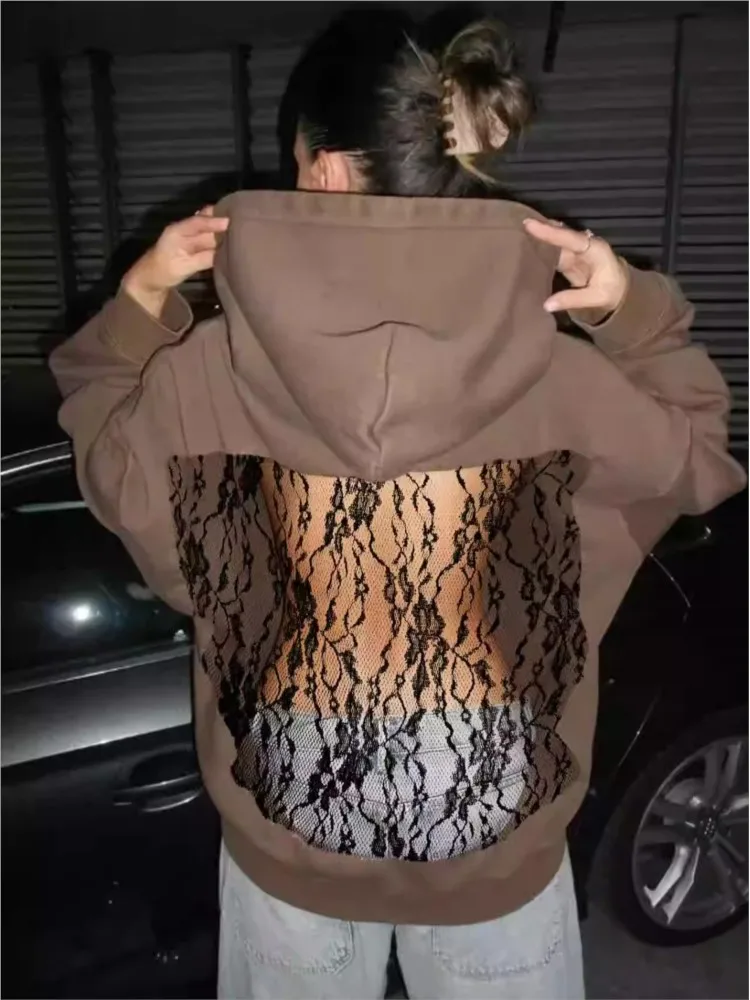 스트리트웨어 패션 후디 여성용 섹시한 솔리드 시스루 백리스 스웨트셔츠 가을 겨울 여성 레이스 스플라이싱 플리스 풀오버