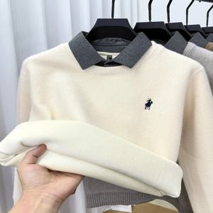 프리미엄 벨벳 셔츠 넥 스웨터 남성 패션 명품 브랜드 클래식 폴 자수 캐주얼 상의 겨울 신상 보온 편안한 니트