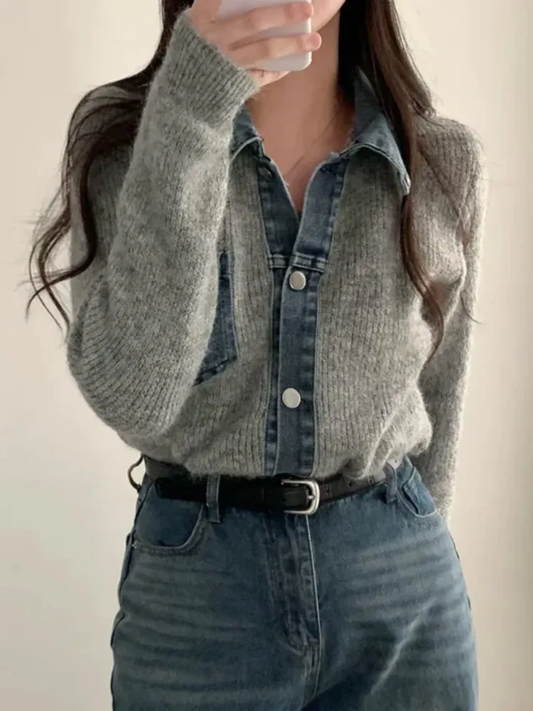 독특한 디자인 데님 니트 스웨터 코트 여성용 겨울 따뜻한 가디건 탑 패셔너블 캐주얼 스타일 온라인 독점 판매