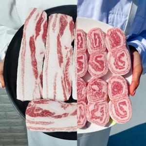 [바라던] 진짜 지방 많은 이베리코 삼겹살 눈꽃살 세트 1kg (삼겹살 300g 2팩+눈꽃살 200g 2팩)