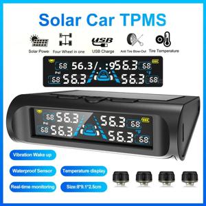 USB/태양광 TPMS 온도 모니터 4개의 외부 센서 디지털 LCD 디스플레이 0-6.8Bar T21 타이어 압력 게이지 자동차 타이어 모니터