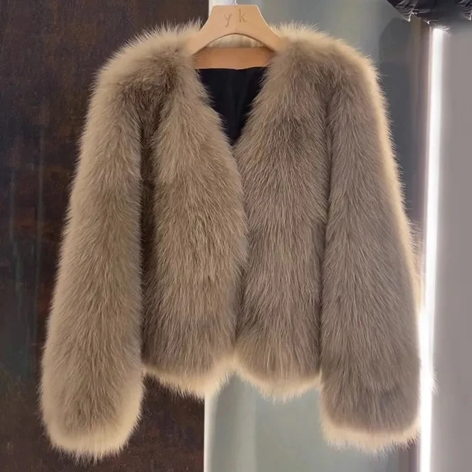 하이닝 신상 두꺼운 퍼 코트 젊은 패션 중간 길이 아우터웨어 가을 겨울 따뜻한 브이넥 숏 코트 여성용