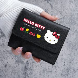 헬로 키티 이중 접이식 짧은 지갑, 여행, 학교, 일상용으로 다중 수납 공간 디자인을 갖춘 슬림하고 가벼운 PU 가죽 카드 홀더