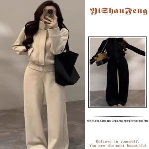 한국 스타일 겨울 의상 여성용 지퍼 긴팔 스탠드 칼라 스웨트셔츠 캐주얼 와이드 레그 팬츠 투피스 세트