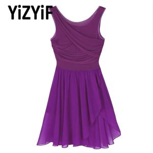 성인 민소매 컷 아웃 비대칭 쉬폰 발레 댄스 레오타드 드레스 여성 서정적 현대 무용 연습 의상