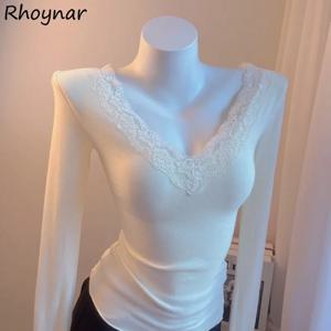 여성용 화이트 레이스 티셔츠, 기본 스플라이싱, 섬세한 섹시, 프렌치 스타일, 미적, 긴팔 슬림, 부드러운 겨울 이너 탑