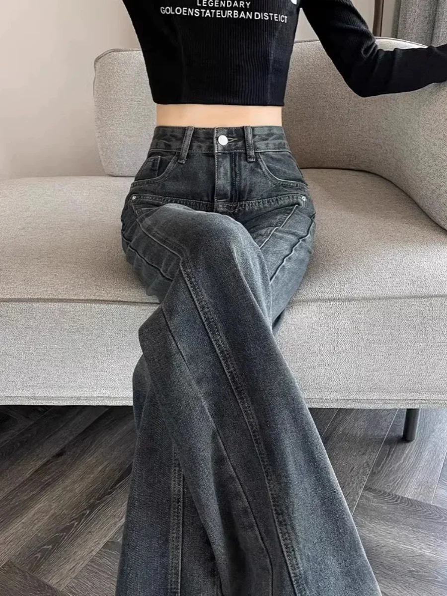 플러스 사이즈 하이웨이스트 슬림 스트레이트 플리스 안감 데님 청바지 여성용 가을 겨울 와이드 레그 팬츠 시멘트 그레이 레트로 스타일