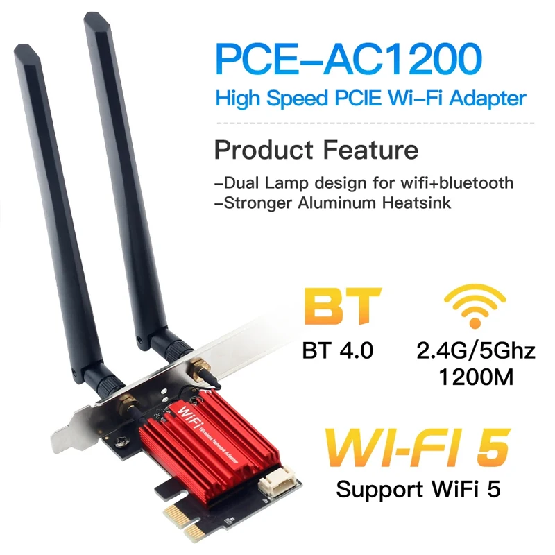 WiFi 5 PCI-E 무선 어댑터 네트워크 카드 AC1200 듀얼 밴드 2.4G/5GHz 802.11AC Bluetooth 4.0 데스크탑 노트북 Windows 10