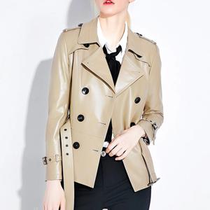 여성용 영국 스타일 정품 가죽 짧은 트렌치 코트, 더블 브레스트, 시크 레이스업 벨트, 슬림핏 양가죽 재킷