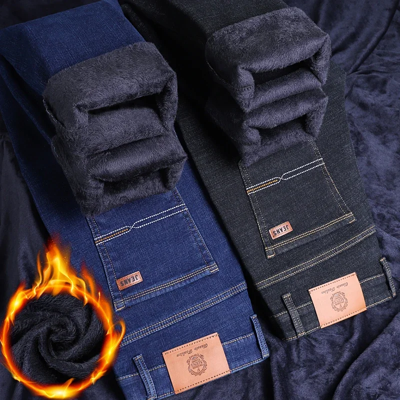 새로운 겨울 남성 양털 따뜻한 청바지 클래식 스타일 비즈니스 캐주얼 두꺼운 벨벳 슬림 데님 바지 브랜드 바지 남성 사이즈 28-42