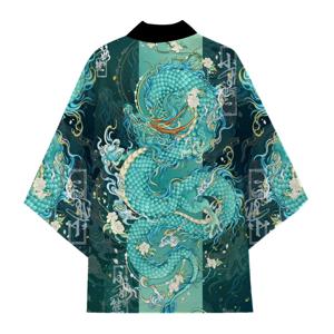 일본 전통 사무라이 기모노 남성 여성 애니메이션 드래곤 프린트 그린 루즈 가디건 3/4 슬리브 하라주쿠 하오리 코플레이 셔츠
