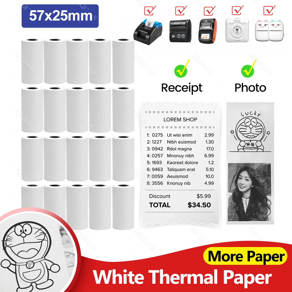 5~10 Pcs 미니 프린터 용지 57*25mm 감열지, 휴대용 포켓 모바일 사진 영수증 프린터 유니버설 용 백서 롤