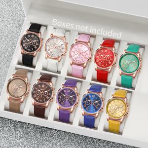 10PCS 여성 시계 세트 패션 로마 다이얼 숙녀 석영 시계 캐주얼 가죽 밴드 손목 시계 Relogio Feminino Reloj Mujer