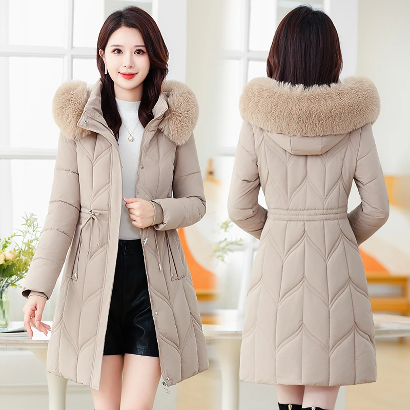 2025 여성용 다운 코튼 재킷 두꺼운 중간 길이 겨울 코트 퍼 칼라 허리 조임 짧은 사이즈 코튼 의류