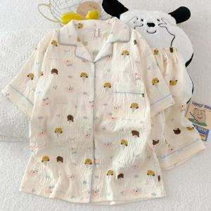 여름 클라우드 코튼 반팔 반바지 파자마 여성용 만화 귀여운 소녀 오픈 가디건 세트 홈웨어 부드럽고 편안함